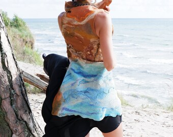 Hand felt wool and silk unique vest/ sea blue merino wool vest / exclusive sand brown felted vest / nature inspired gift