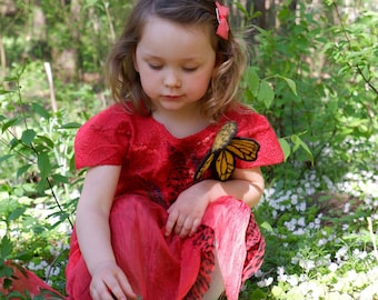 Red unique silk and wool dress for girl / Felt summer dress with a butterfly / Red fairy dress for baby/ Handmade merino wool dress