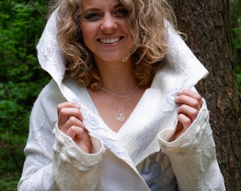 White felt merino wool jacket / Exclusive gray felted coat for autumn/ Handmade unique cozy jacket / Wedding jacket for exclusive bride