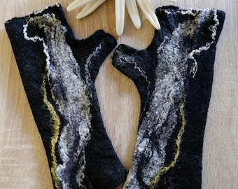 Felt black  fingerless mittens /  exclusive felted gloves / unique black handwarmers / eco fashion accessory /  handmade merino wool wrist
