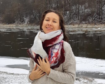 Burgundy white felted scarf | Exclusive accessory | Handmade unique wrap for woman | Wool and silk shawl