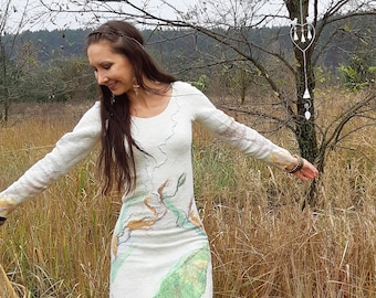 Long white wool dress for autumn / Woodland wedding long sleeves dress / Eco-friendly felted dress for special woman