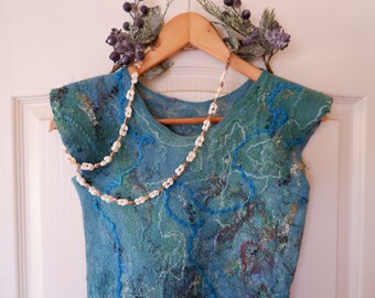 Felt green romantic dress for summer / Wool and  silk short dress / Eco-friendly felted dress / Wedding Guest dress Dress / Unique style