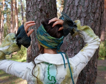 Pure wool and silk luxury headband | Felted forest green scarf | Exclusive eco-friendly accessory | Warming turban for women