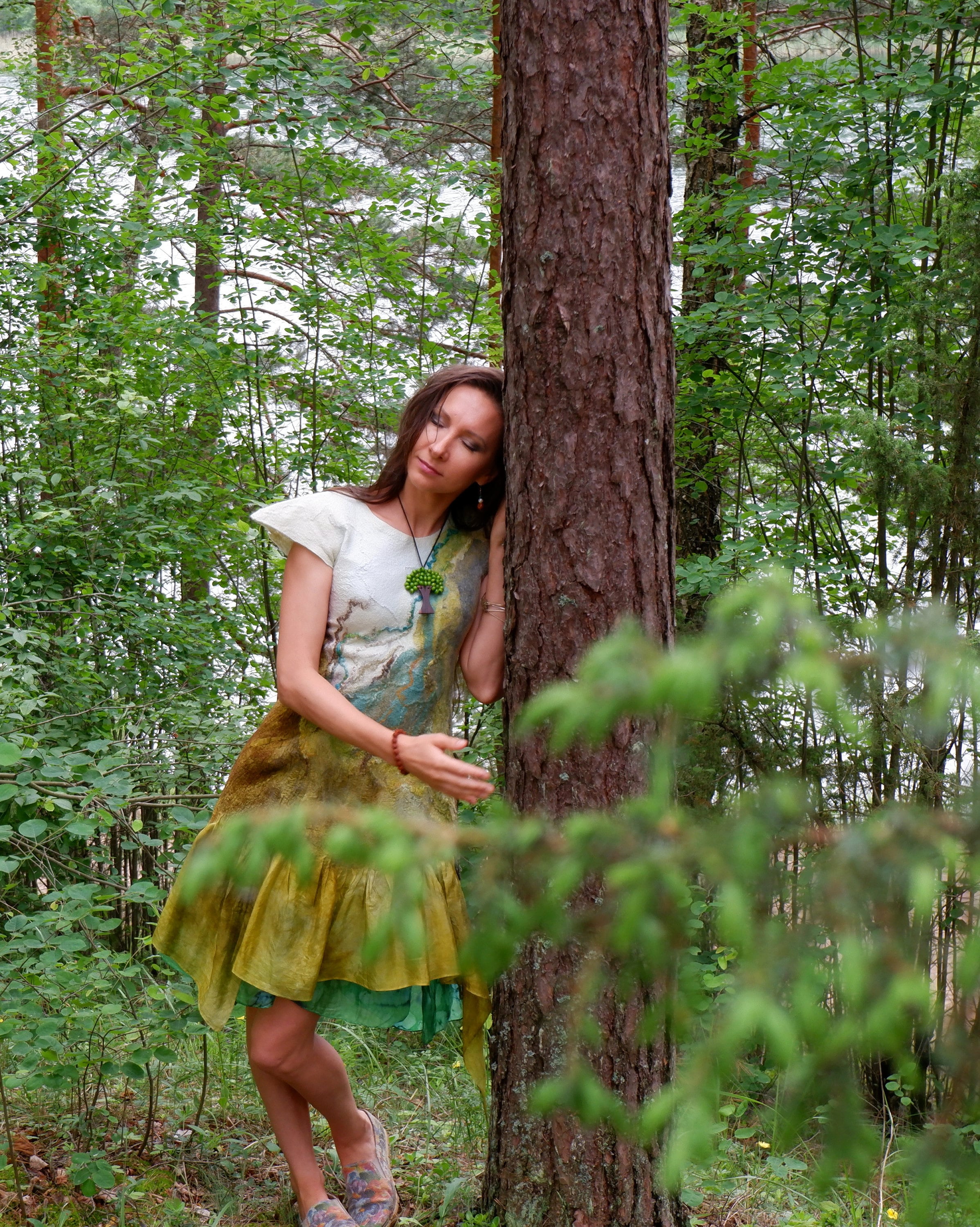 Forest Healing Wool and Silk Dress / Forest Weding Dress / Moss Green