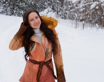 Exclusive felted brown jacket for spring /Wool handmade coat for women / Sustainable Clothing / Natural colors luxury jacket/