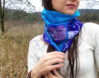 Exclusive wool and silk headband | Felted ocean blue scarf | Unique gift for woman | Felt wool accessory | Eco-friendly gift
