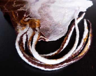 Felt silk and wool scarf | Exclusive felted accessory for women | Handmade brown merino wool wrap | Wearable art | Eco-friendly shawl