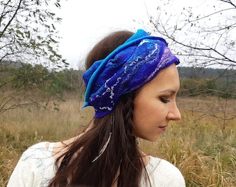 Pure wool and silk headband | Felted ocean blue scarf | Exclusive eco-friendly accessory |  Warming turban for women