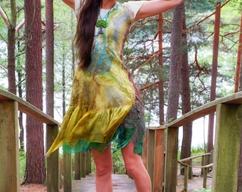 Forest healing wool and silk dress / forest weding dress / moss green / exclusive bridesmaid dress / felted fairy short dress/