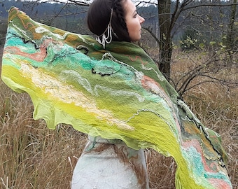 Felt silk and wool scarf | Nuno felted unique shawl | Handmade green boho wrap for woman | Eco friendly shawl