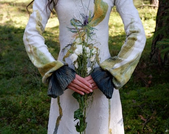 Woodland wool and silk luxury dress /  white green long felted bohemian dress / handmade alternative wedding dress /  forest queen dress