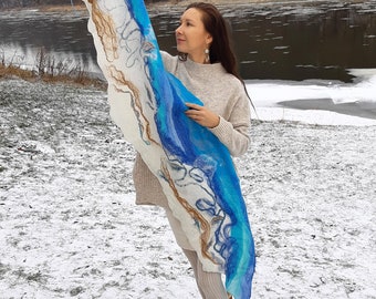 Unique blue white scarf for women | Felted pure wool and silk shawl | Exclusive handmade blue scarf