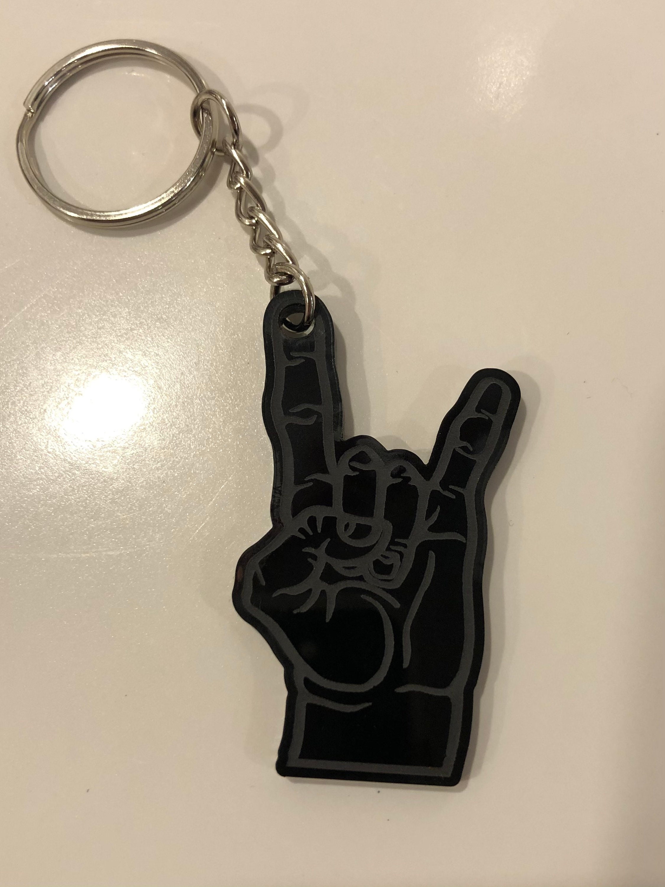 ROCK ON hand symbol keychain laser engraved black acrylic Etsy