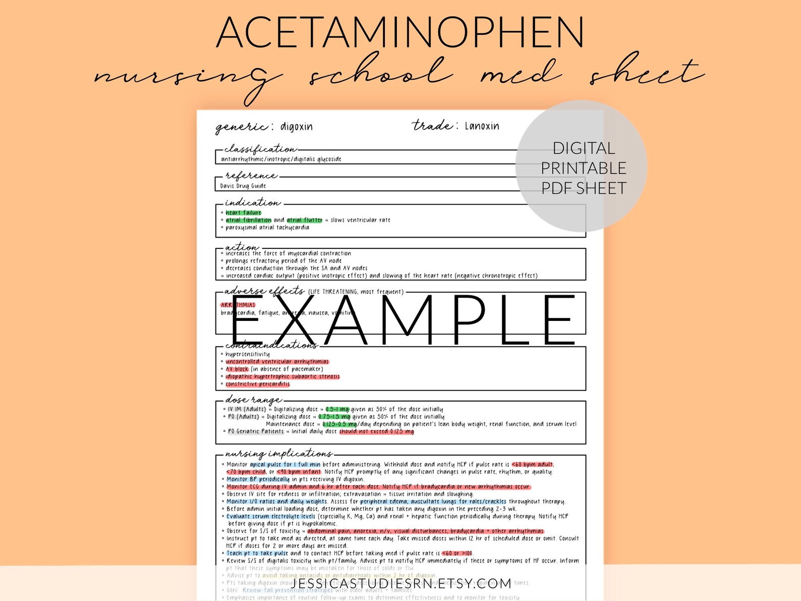 ACETAMINOPHEN Medication Sheet Nursing School Med Sheets Etsy
