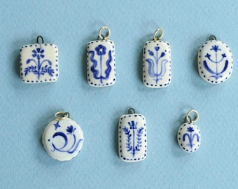 Ceramic Blue Folk Flower Charm - Hand Painted Charm - Ceramic Jewelry