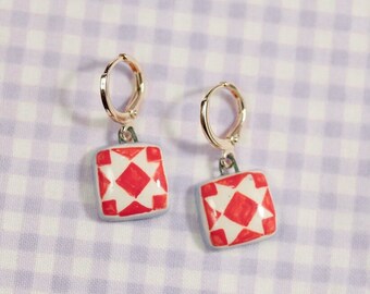 Ceramic Red and Blue Quilt Block Huggie Earrings - Mini Charm - Sawtooth Quilt Square