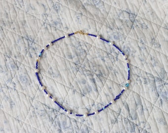 Blue Beaded Necklace with Freshwater Pearls - 18"