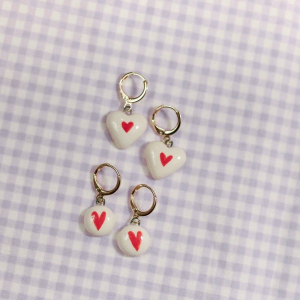 Ceramic Heart Huggie Earrings - Red Ceramic Earrings