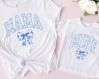 Coquette Mommy and Me Shirts: Blue Bow Matching Outfits