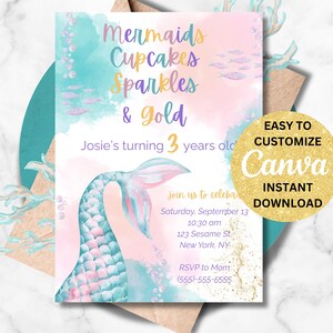 Mermaid Birthday Invitation, Under the Sea Birthday Party, Editable Canva Template, Printable Girl Birthday Invitation Digital Download