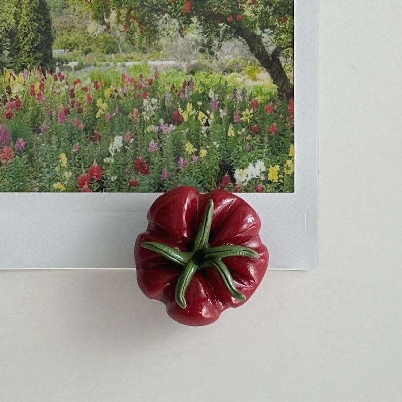 May include: A glossy, dark red tomato-shaped magnet with green stem details. The magnet is placed on a white surface next to a framed photograph of a colorful garden scene.