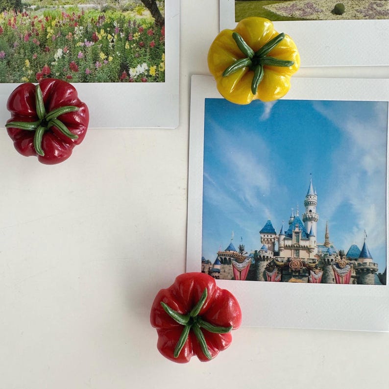 May include: Red and yellow tomato-shaped magnets with green stems are displayed near polaroid photos. One photo shows a colorful garden, and another features a castle under a blue sky. The magnets are likely decorative.