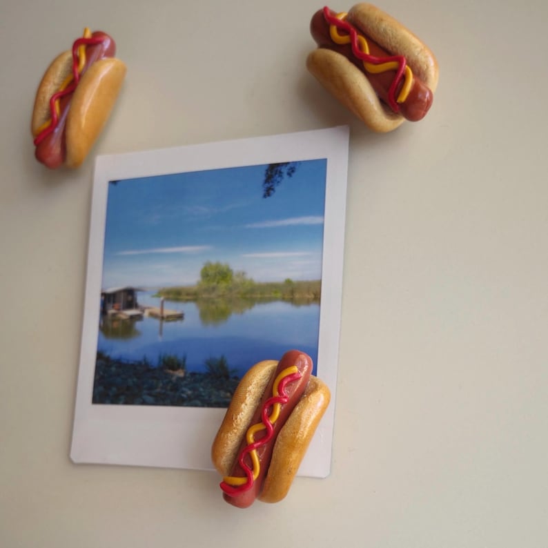 Puede incluir: Tres imanes con forma de perrito caliente, cada uno con una salchicha marr&oacute;n en un panecillo tostado con l&iacute;neas de mostaza amarilla y k&eacute;tchup rojo, dispuestos alrededor de una foto cuadrada de un lago con un muelle y &aacute;rboles bajo el cielo.