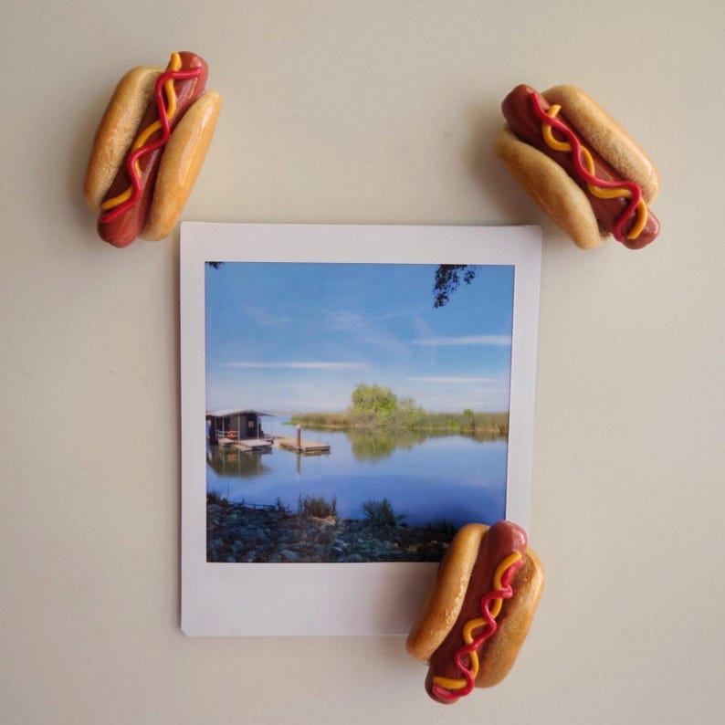 Puede incluir: Una fotograf&iacute;a cuadrada que muestra un lago tranquilo, un peque&ntilde;o muelle y una estructura bajo un cielo azul claro, sujeta por tres imanes con forma de perrito caliente. Cada im&aacute;n representa una salchicha marr&oacute;n en un pan beige con l&iacute;neas onduladas rojas y amarillas.