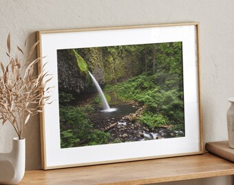 May include: A framed photograph of a waterfall cascading down a mossy cliffside in a lush green forest. The water is clear and the surrounding foliage is vibrant.