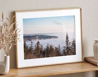 May include: A framed photograph of a misty forest scene with a mountain range in the background. The photo is in a light wood frame and is hanging on a wall.