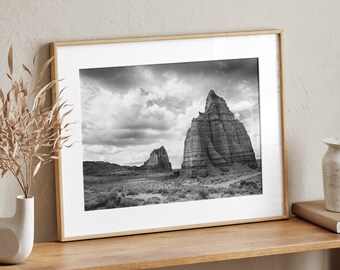 May include: Black and white framed photograph of a desert landscape featuring towering rock formations under a cloudy sky. The photograph is displayed on a wooden shelf, alongside decorative vases and dried plants.