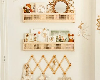 Wooden Nursery Wall Shelf | Kids Bookcase | Rattan Book Shelf | Montessori Shelf | Kids Room Shelf | Wooden Bookcase | Kids Furniture