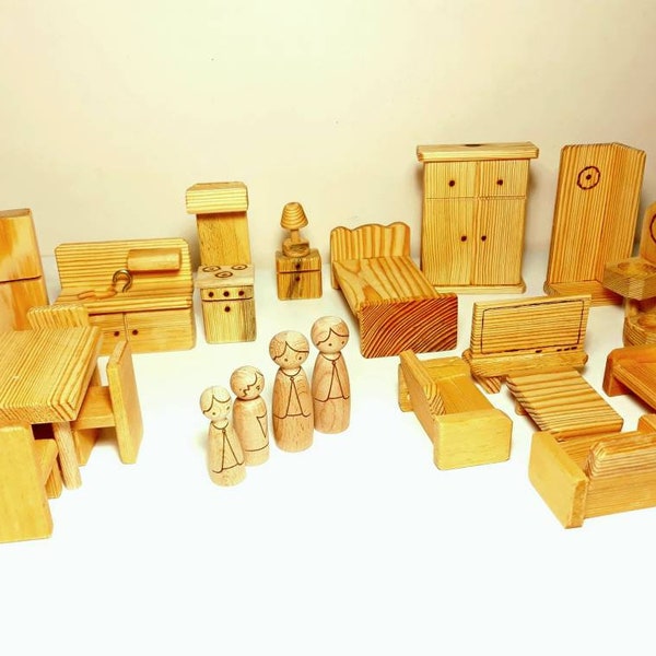 Wooden Dollhouse Furniture 24Pcs Set | Natural Wooden Dollhouse Miniatures And Family Peg Dolls | Dollhouse Furniture Set | Gift For Kids