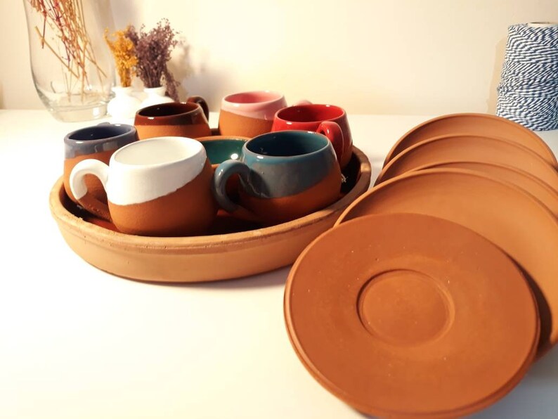 Handmade Ceramic 14 Pieces Turkish Coffee Cup Set Traditional Kitchen Clay Cup Italian Expresso Mug Set