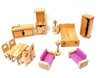 Dollhouse Furniture 1/12 Scale 14Pcs Set | Wooden Dollhouse Miniatures | Dollhouse Furniture Set | Gift For Kids | Moveable Drawer And Doors