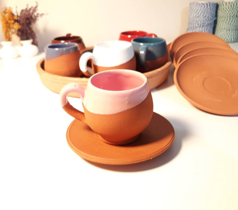 Handmade Ceramic 14 Pieces Turkish Coffee Cup Set Traditional Kitchen Clay Cup Italian Expresso Mug Set