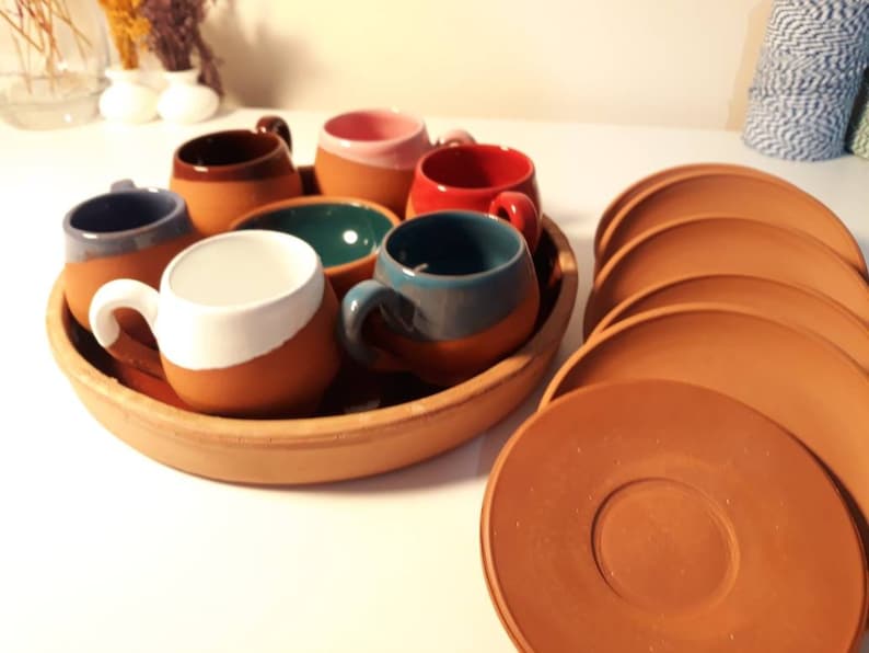 Handmade Ceramic 14 Pieces Turkish Coffee Cup Set Traditional Kitchen Clay Cup Italian Expresso Mug Set