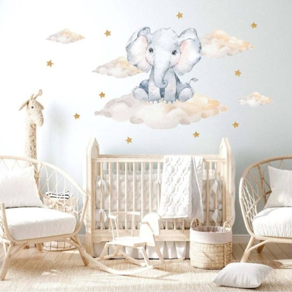 Cute Elephant Nursery Decal | Animal Nursery Sticker | Clouds Wall Decal | Kids Room Wall Decal | Nursery Wall Sticker | Nursery Wall Decal