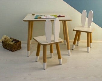 Kids Table and Chairs | Wooden Kids Table | Kids Furniture | Toddler Table and Rabbit Chairs Set | Montessori Table White Pink Mint Blue Red