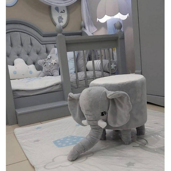 Chaise pour enfants | Bouffée pour enfants éléphant gris-rose | peluche éléphant | Chaise animal en peluche | Décoration de chambre d'enfants | Cadeau de meubles pour enfants