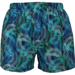May include: Blue and green patterned boxer shorts with a tropical leaf design.