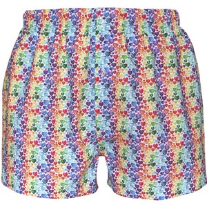 May include: Rainbow boxer shorts with a white background and a pattern of small hearts in various shades of red, orange, yellow, green, blue, indigo, and violet.