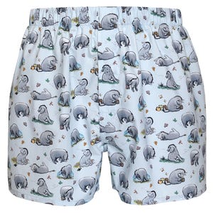 May include: Light blue boxer shorts with a repeating pattern of Eeyore from Winnie the Pooh. The print shows Eeyore in various poses, with small details like leaves and honey pots scattered across the fabric.