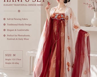 Tang Dynasty Hanfu Dress Set, Poppy Floral Qixiong Ruqun, Chiffon Halloween Costume,3 pice Chinese Traditional Outfit | Photography