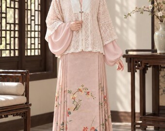 Pink Ming Dynasty Hanfu Dress | Floral Mamian Skirt | Handmade Crochet Lace Vest | Traditional Chinese Outfit | Elegant Hanfu Set