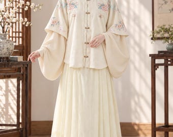 Daily outfit | Ivory Ming Dynasty Hanfu Dress, Embroidered Mamian Skirt Set, Traditional Chinese Clothing, Elegant Fall Winter Hanfu Outfit