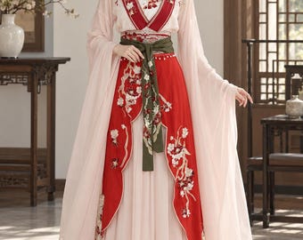 Red and Pink Hanfu Dress | Northern and Southern Dynasties set | Embroidered Chinese Fairy Costume | Flowing Sleeve Dress | Halloween photo