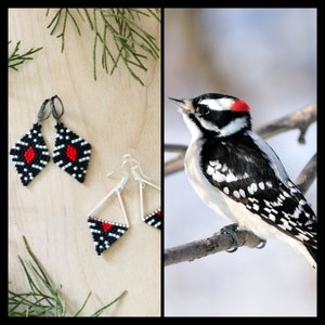 Downy Woodpecker. Handwoven beaded earrings.