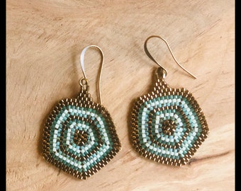 Green and Bronze Bullseye Earrings. Handwoven beaded jewelry.